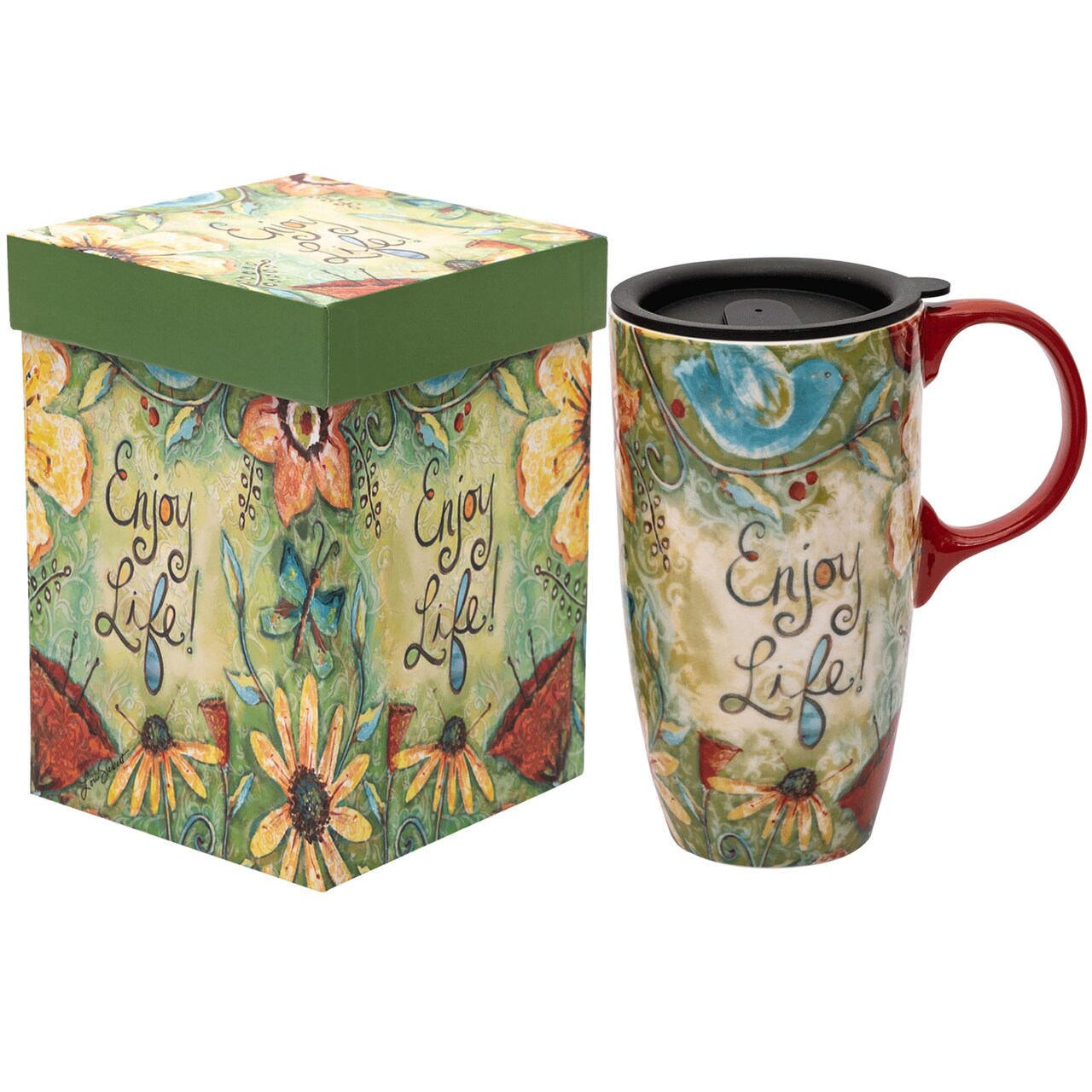 Coffee Ceramic Mug Porcelain Latte Tea Cup With Lid 17oz. Enjoy Life